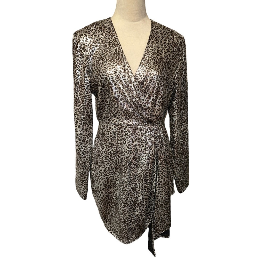 Nwt Ronny Kobo Jerry Leopard Print Cocktail Mini Dress Metallic Silver M - Picture 17 of 17